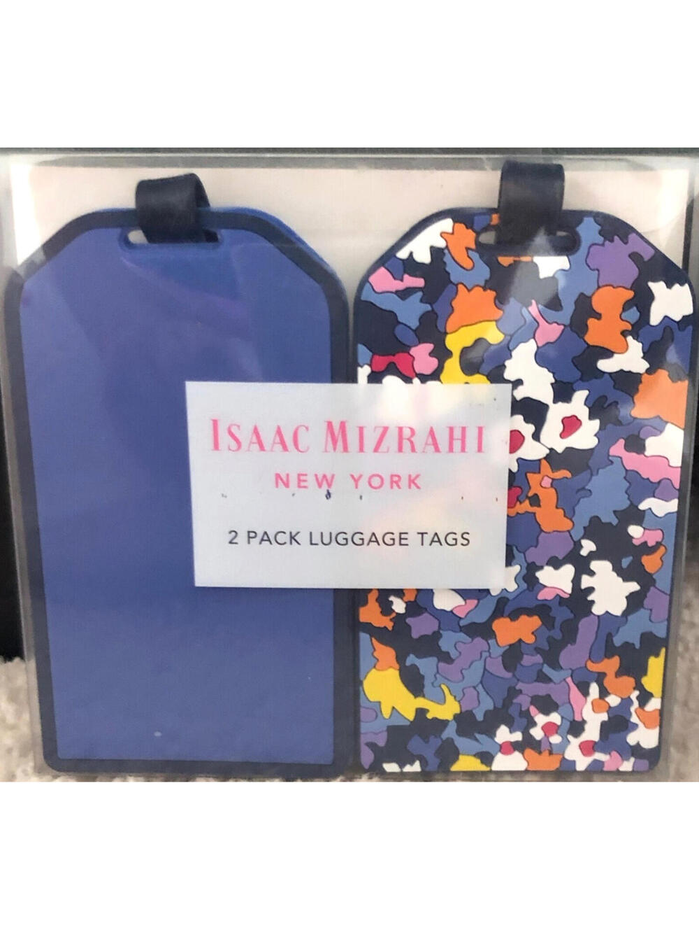 NWT Isaac Mizrahi 2-Pack Luggage Tags Blue Abstract Art Print Durable Rubber